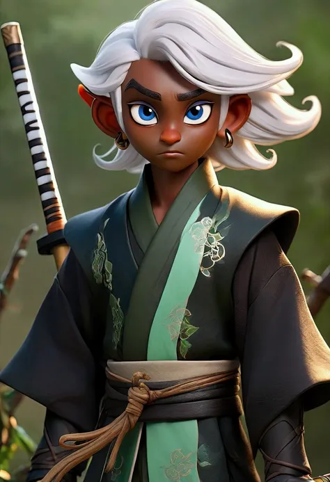 Elf Man ,BROWN SKIN, with green eyes, with white hair,looking 18 years old,with the body well detailed,He wears a black kimono with blue details ,and a black katana with blue shine and fire emerging from the katana