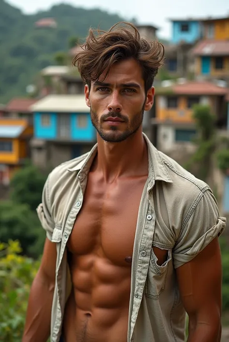 Man, beautiful, attractive face, hazel eyes, perfect jaw and chin, muscular, defined, attractive body , wearing a dirty, torn shirt , rebellious brown hair, sun-burnt , in the Brazilian favela , with houses from Brazil 