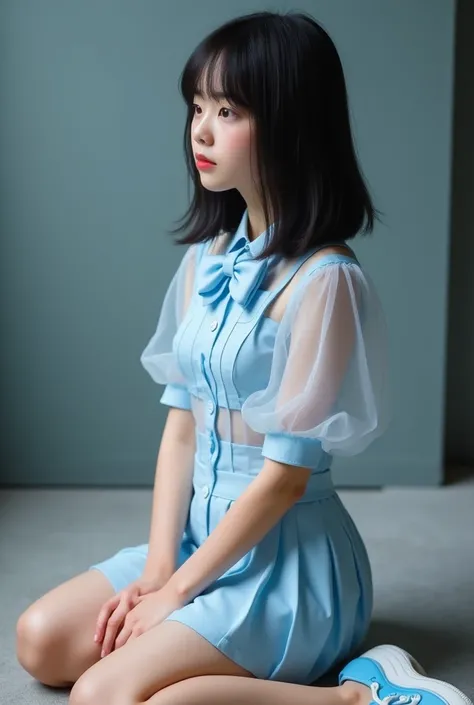 Long shot profile portrait photo of a beautiful cute girl, (front shot from below:1.2), NSFW:1.2, black medium straight hair, Japanese junior idol, neat and clean face, 50mm portrait, peformimg on single stage lighting, Top: light blue sweet collar, front ...