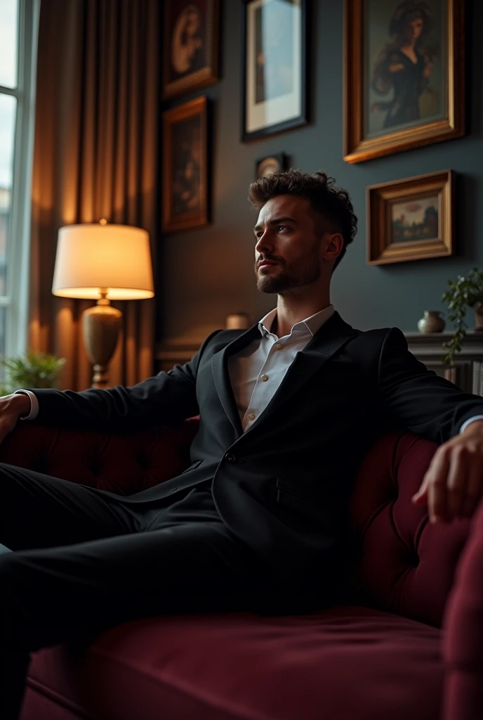  man, dressed in black, sitting on sofa