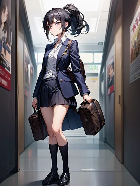 One person, ponytail, Black Hair, Slender body,Small breasts,Slanted Eyes, Contempt/angry gaze, Height: 155cm,Illustration effect for posters and magazines, High School Uniform,Navy blue blazer,White blouse,Gray knee-length flared skirt,Navy blue knee sock...