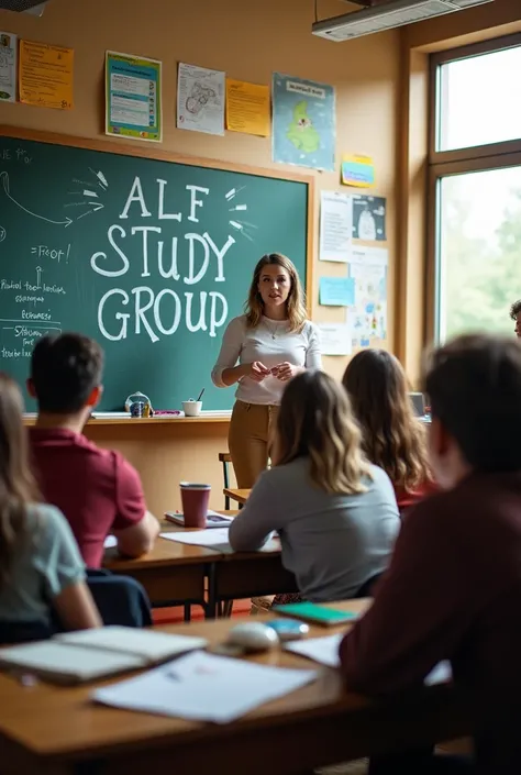 In the classroom The teacher is giving a lecture to the students. and on the board it says ALF STUDY GROUP