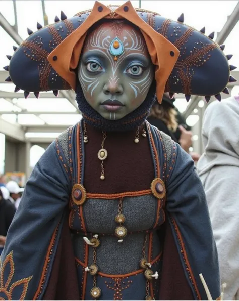 Dousan, gelfling, dark blue and orange beaded robes decorated with jewels and bones, short curly hair with long decorated braids, desert, dark blue skin with light swirling face paint, insect wings coming from back of shoulders, full body