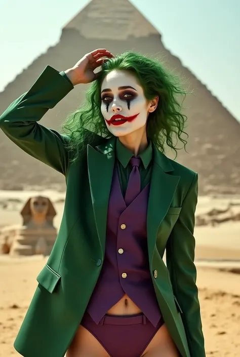 {
  "prompt": "A faithful female version of the iconic Joker from DC Comics, reimagined with a seductive yet psychotic allure, striking a dramatic pose at the Pyramids of Giza in Egypt. She has pale white skin and wild, vibrant green hair styled in messy, ...