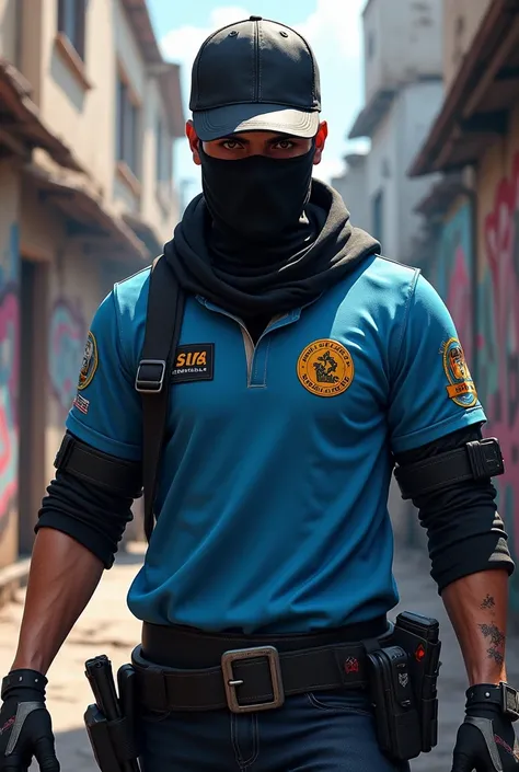 Character based on the game "free fire," with a black cap a black mask and a blue team shirt with a 