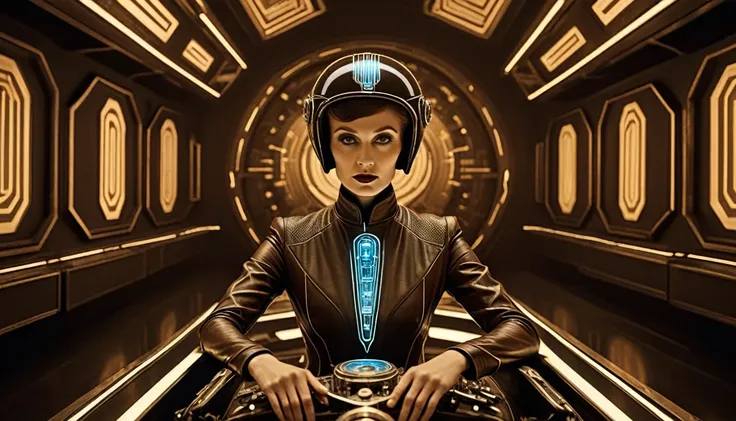 (Very old photograph only in sepia color:1.8), a (1920 "Tron" movie poster:1.7), an old science fiction film, in close-up, high-angle frontal view, a (central figure of woman operating a control panel table:1.9), dressed in jumpsuits with luminous symmetri...