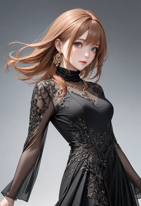 (masterpiece), (best quality medium shot), ultra realism, photorealistic, 1female, 30 year old mature woman, half-up half-down long straight copper-color hair, wearing black Haute_Couture designer dress with sleeve and turtleneck_style, necklace, earrings,...