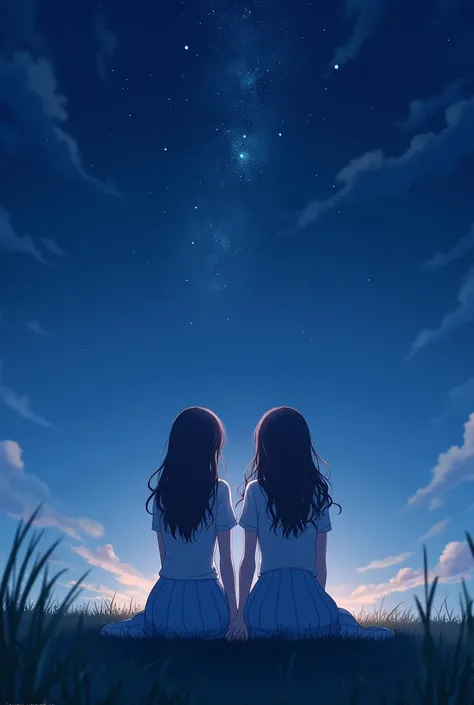 Draw two women with their backs to the viewer, looking up at the night sky, Una de ellas bajita con el pelo no tan corto muy Wavy, and the other with hair down to her waist, Wavy. I want the drawing to be in a cute anime style and for them to be sitting ho...