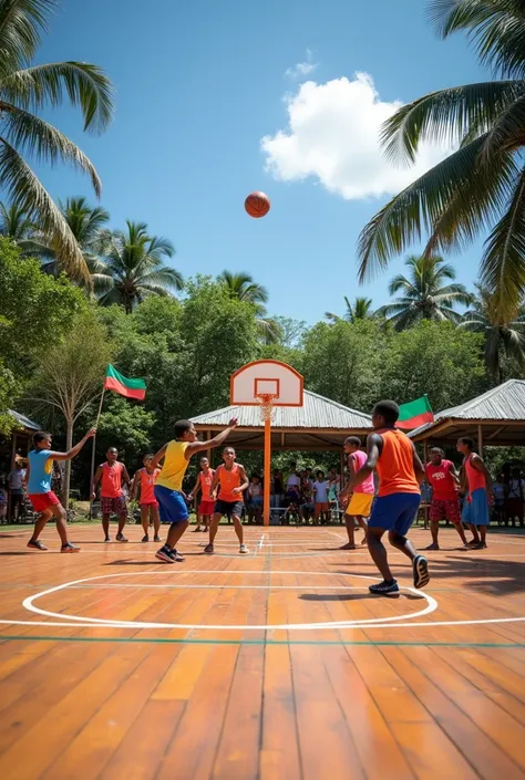 A double basketball court written Welcome to rakepou with papua new Guineans playing a country tournament at Rakepou including supporters and spectators