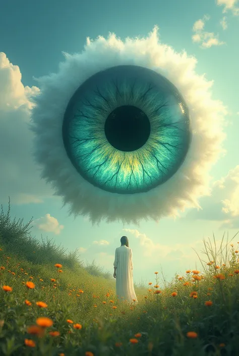 A spirit in the form of an eye watches over a  in a meadow.