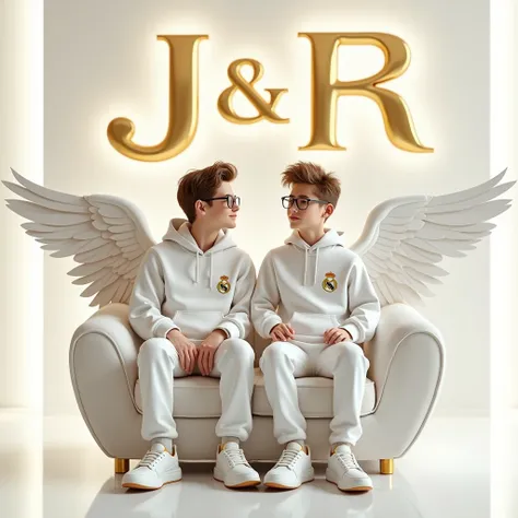 create a realistic 3D image of a couple casually dressed in white sitting on an armchair, vistiendo una sudadera con capucha del real Madrid FC, shoes and glasses. The boy is looking forward, The background shows "J&r" in large, capital gold letters on the...