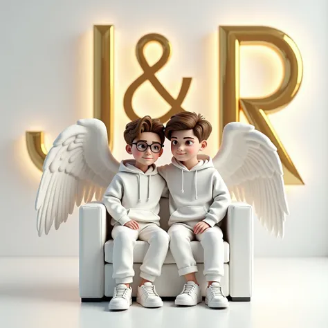 create a realistic 3D image of a couple casually dressed in white sitting on an armchair, vistiendo una sudadera con capucha del real Madrid FC, shoes and glasses. The boy is looking forward, The background shows "J&r" in large, capital gold letters on the...