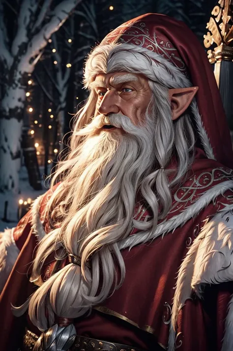 a highly detailed and realistic portrait of an old elf man with a long white beard, pointy ears, and blue eyes, wearing a norse ...