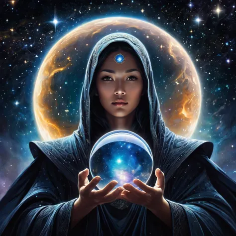 A cosmic, ethereal being stands in the vastness of space, embodying both the mystery and majesty of the universe. This guardian of the cosmos holds a glass orb in one hand, reflecting the world and the infinite universe within it. Its face is an endless vo...