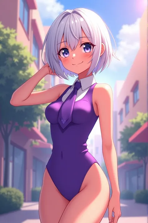 anime girl with short hair and purple tie posing for a picture, girl with short white hair, cel shaded anime, female anime character, various pose, casual pose, full character body, with short hair, cel - shaded art style, cell shaded adult animation, 3/4 ...