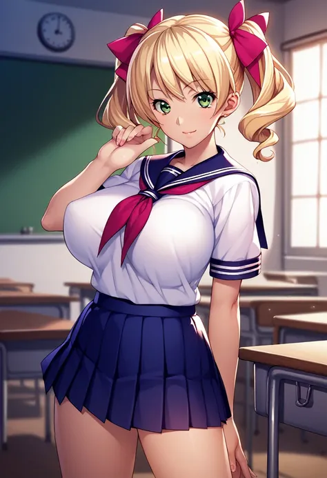 score_9, score_8_up, score_7_up, source_anime, best quality, masterpiece, hi res, game cg, very aesthetic, absurdres, rating_questionable, uncensored, shintaro_v2, 1girl, solo, standing, school uniform, blonde hair, short twintails, hair ribbon, green eyes...