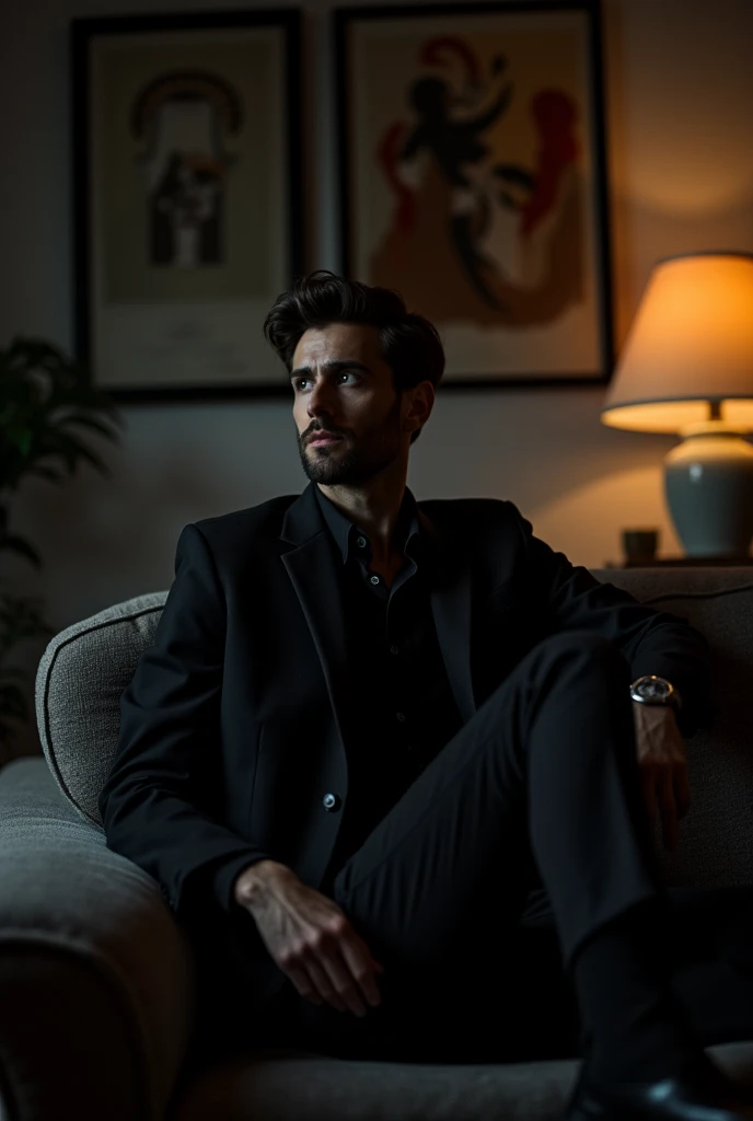  man, dressed in black, sitting on sofa