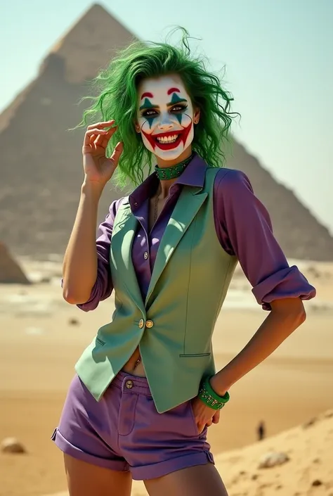 {
  "prompt": "A faithful female version of the iconic Joker from DC Comics, reimagined with a seductive yet psychotic allure, wearing lighter, thematic attire while posing at the Pyramids of Giza in Egypt. She has pale white skin and wild, vibrant green h...