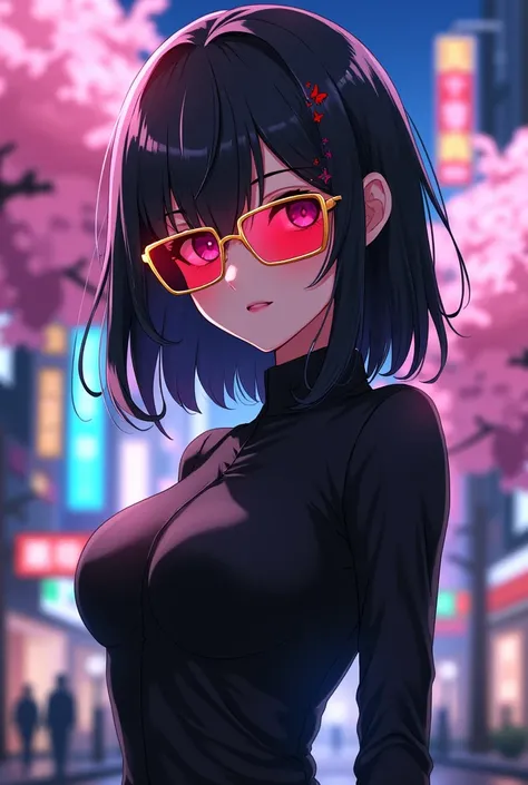 make an anime character with black hair, medium length hair with butterfly bangs, wearing gold and red square glasses, wearing a black second-skin shirt
