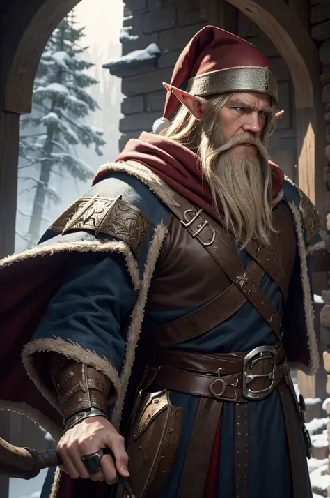 (master piece), 8k, best quality, elf, middle age, with hood, Norse Viking outfit, brown hood and Santa Claus cape, big white beard, pointy ears, blue eyes,