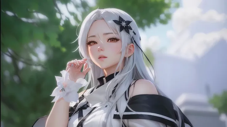 anime character with long gray hair and white dress posing for a picture, photorealistic anime girl render, 8k portrait render, ayaka genshin impact, white haired deity, anime highly detailed, high detailed face anime, 8k artgerm bokeh, fine details. girls...