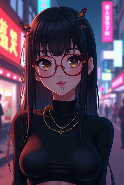 make an anime character with black hair, eyes browns, long hair with butterfly bangs, wearing gold and red square glasses, with a black second skin shirt and piercings in the lower lip and one in the septum.

