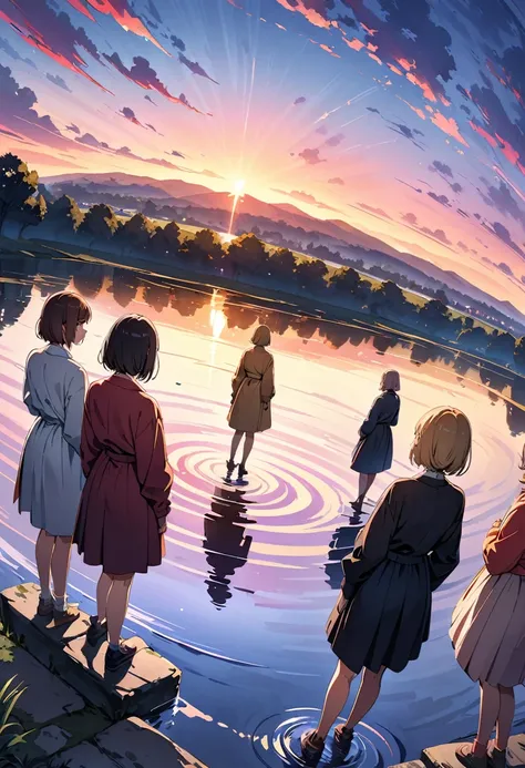 official art, unified 8k wallpaper, super detailed, masterpiece, Best image quality，super wide angle，evening，(Five women are standing side by side:1)，Standing in the pond，water is like a mirror，reflecting the sky。look up to the sky，Colorful sunset，Dynamic ...