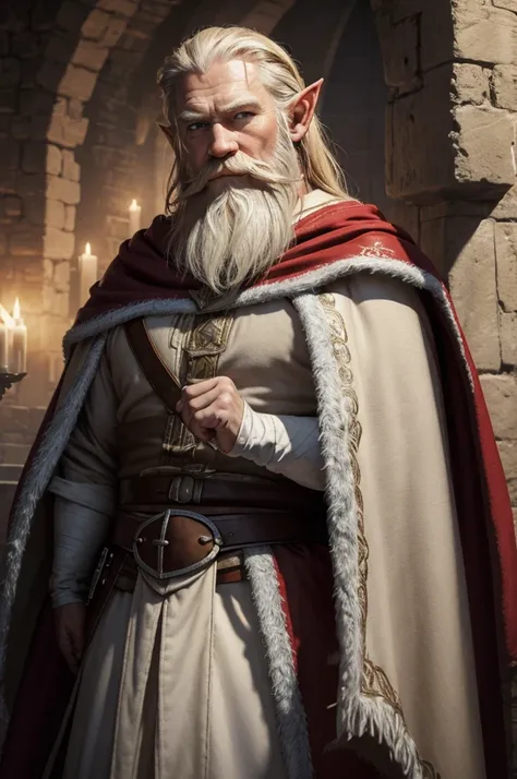 (master piece), 8k, best quality, elf, middle age, big white beard, pointed ears, blue eyes, Norse Viking outfit, hood and brown Santa Claus cape,