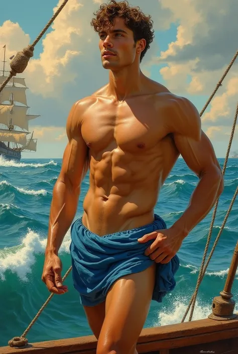 fullbody, wide shot view, oil painting+realism+jc_leyendecker+rembrandt, full body, masculine, strong, youthful, young italian man, defined muscles, calisthenic swimmer, cinnamon skin, green eyes, wavy brown hair, straight nose, oval face, square jaw, thin...