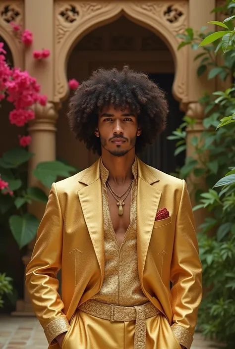 Le plus bel homme arabe avec ses cheveux très  bouclés dans les habits classe d’or et de sois et un décors agréable.