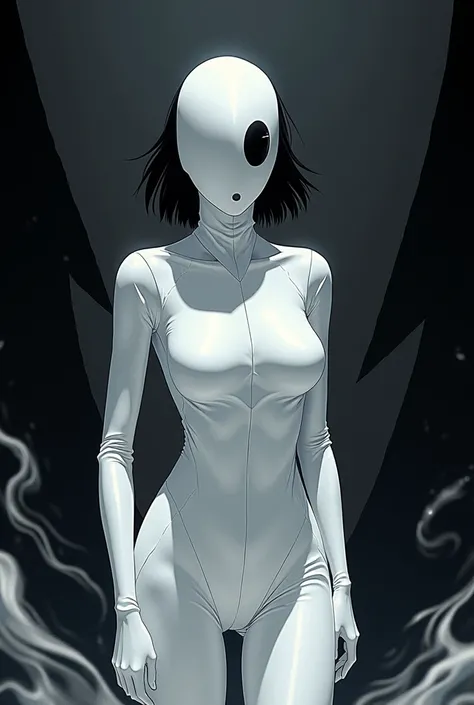 Character with white suit, white balaclava, short black straight hair, with a black anime background.