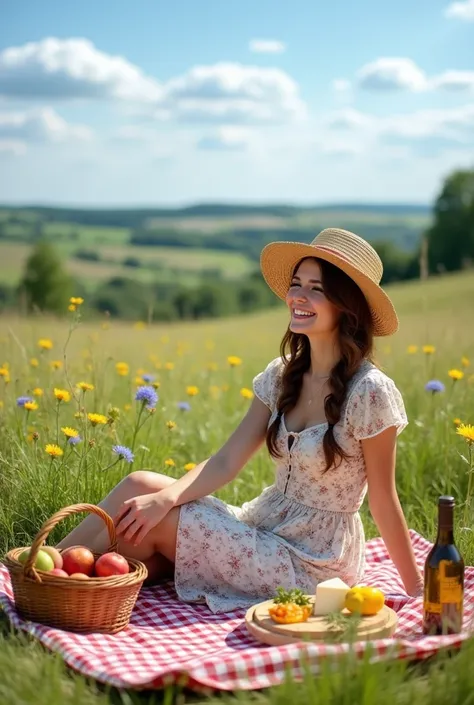 Picture a woman sitting on a checkered blanket in the middle of a picturesque countryside meadow. She has shoulder-length chestnut brown hair, loosely braided, and is wearing a light, floral dress with a sun hat. Around her are baskets filled with fresh fr...