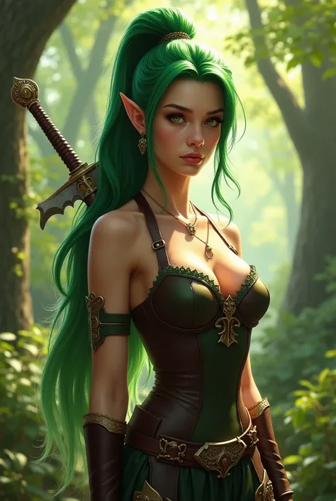 ((best quality)), ((masterpiece)), (detailed), NSFW, small breasts, prominent collarbones, skinny arms, flat stomach, visible hip bones, full body, long hair, green hair, ponytail, thick ponytail, heavy ponytail, Realistic Shadows, Detailed skin, Very smal...