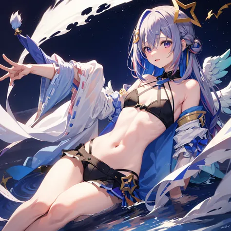 amane kanata,hololive,cool pose,night sky,(no sleeve,belly button,white wings),sea of clouds,a flying dragon in the background