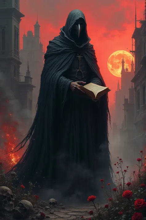 Black Death doctor, with a backdrop of the apocalypse
