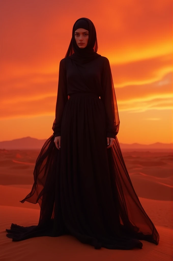 A woman stand in desert ,she wear old style Arab black  abaya head to toa,sky is red 