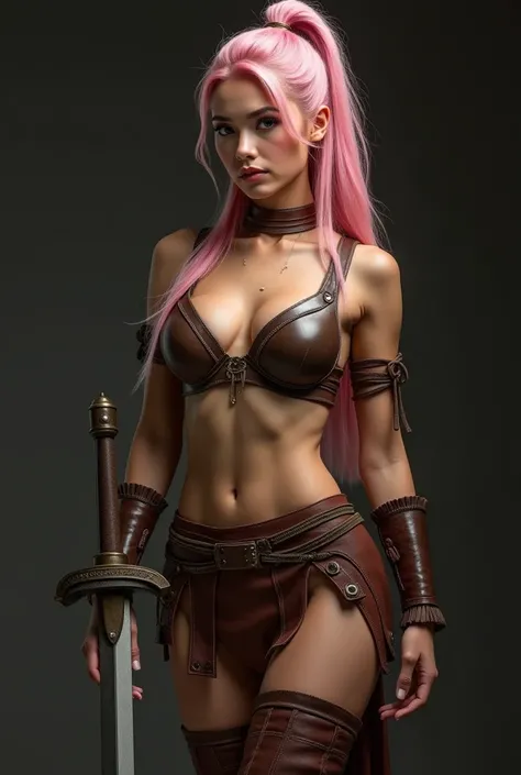 ((best quality)), ((masterpiece)), (detailed), NSFW, small breasts, prominent collarbones, skinny arms, flat and toned stomach, visible hip bones, full body, long hair, pink hair, ponytail, thick ponytail, heavy ponytail, Realistic Shadows, Detailed skin, ...