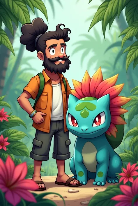 desenha um treinador pokemon latino de coque com o cabelo cacheado, raspado de lado, com barba e bigode, ao lado do pokemon venusaur