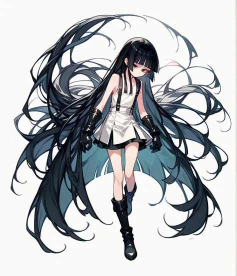 （highest quality）,japanese,long black hair,hime cut,very flat chest,very thin body,white tank top,leather skirt,boots,gloves,elb...