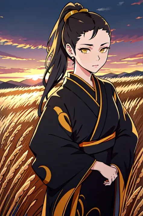 a girl in a kimono with an expressionless look stands waist-deep in a wheat field., a black kimono with gold edges, her hair is ...