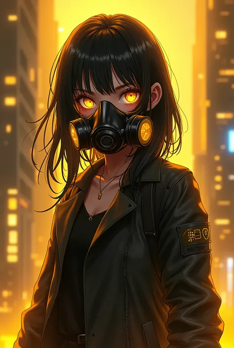 a girl, cool, short girl, long hair(black color), hair inner color(gold color), eye(gold and black color), the highest magic, wizard, gas mask, anime style, gold world, cyber city, de_portrait, de_skill, de_scenery, de_thought