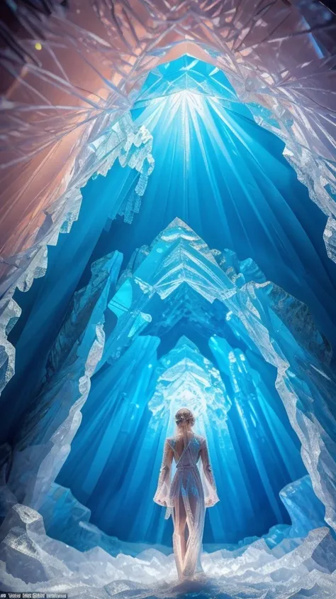 4k,an icy world inside a frozen cave, cave walls made of translucent ice that allows outside light to filter through, illuminate...