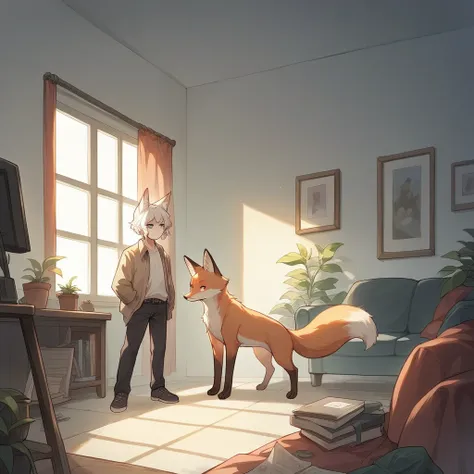 a realistic anime fox couple standing in a living room piggyback riding, with a guy and a girl. first is a guy he got pale skin,...