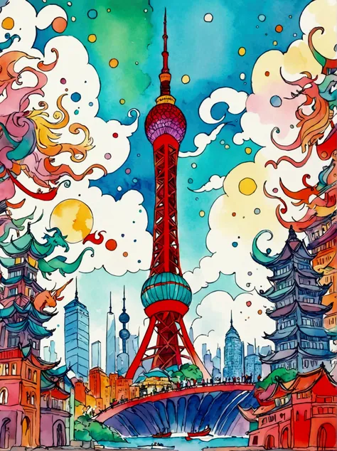 a postcard with the word &quot;shanghai&quot; printed on top of the oriental pearl tower，in the style of quentin blake,hand-draw...