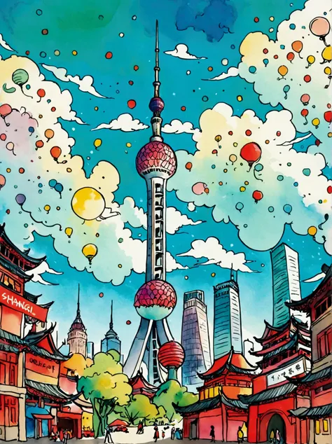 a postcard with the word &quot;shanghai&quot; printed on top of the oriental pearl tower，in the style of quentin blake,hand-draw...