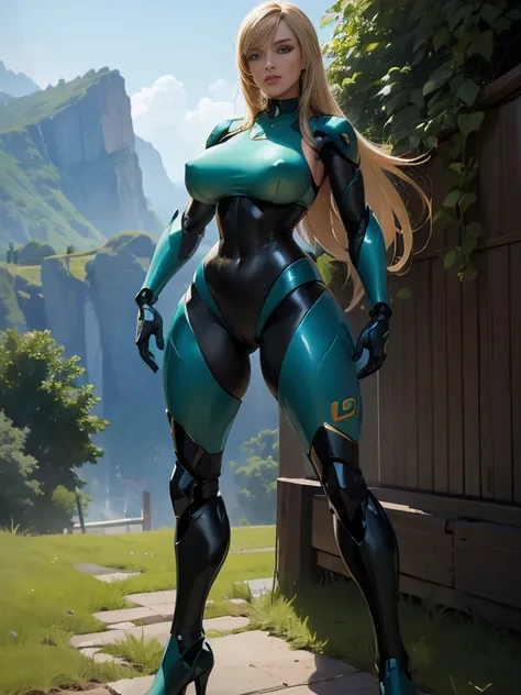 solo, samus aran face, blonde girl, super fine photo, portrait of sexy girl, Unreal Engine:1.5, (8K:1.8) (UHD:1.6), standing in rock, skin tight, mecha outfit, mecha headphone, sensual pose, green mecha suit, hot iconic character, smooth skin, full body,  ...