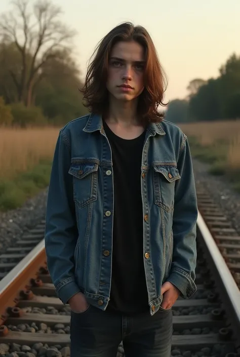 sad tall male teenager long brown hair light skin wearing denim jacket and black top on rusty abandoned old train tracks with details