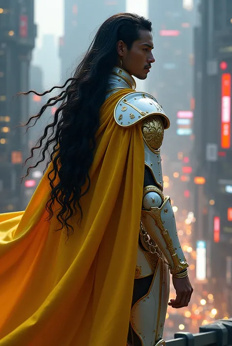 Make a man with long black and yellow hair, wearing futuristic white and gold armor and a golden robe.