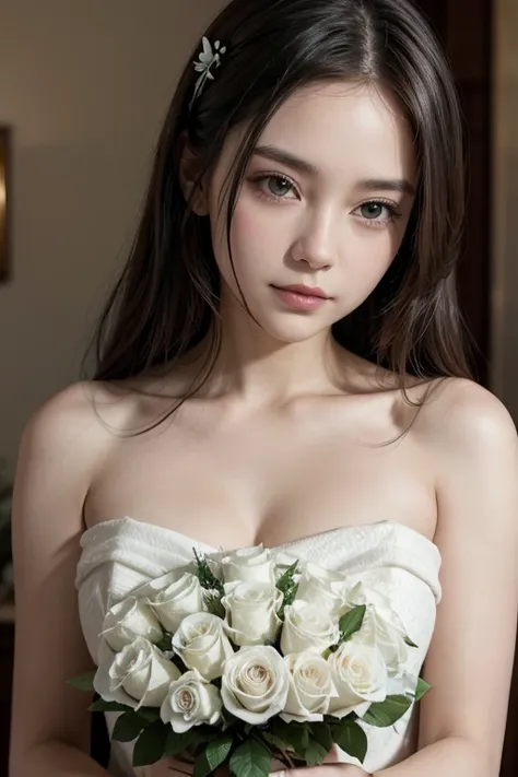 Beautiful woman with a bouquet of white roses 