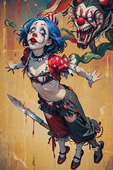 (Midnight Amusement Park),((Horror taste))、A clown looking up at the sky alone.、Sad expression、（（Full body portrait））、Hes holding a bloodstained knife.、Anime-style illustrations、Very revealing and open clothing 、Underwear is visible
